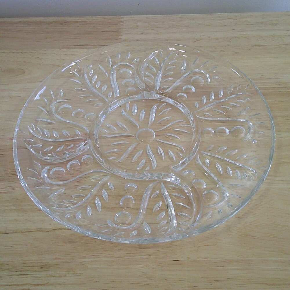 Large round glass vintage relish dish with leaf and dot pattern serving dish